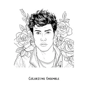 Coloriage d'un portrait de Shawn Mendes avec des fleurs