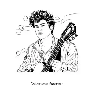 Coloriage de Shawn Mendes qui joue de la guitare avec des pétales de fleurs