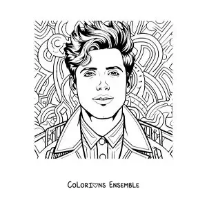 Coloriage de Sebastián Yatra en dessin animé avec un fond de doodle art