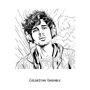 Coloriage d'un portrait de Sebastián Yatra avec un casque audio, dans un style réaliste