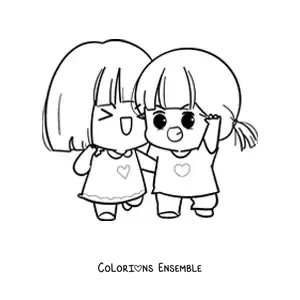 Image à colorier de deux petites filles kawaii souriantes et heureuses