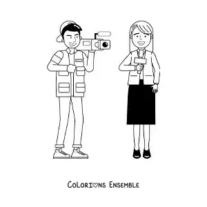 Coloriage d'un cameraman et d'une journaliste pendant un reportage d'actualité