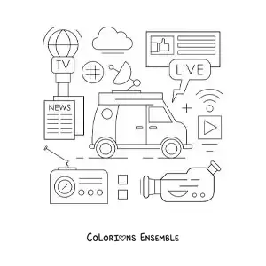 Coloriage d'un téléviseur, d'un microphone, d'une caméra et d'autres symboles de la communication