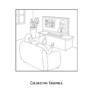 Coloriage d'une famille assise devant le téléviseur qui regarde les informations