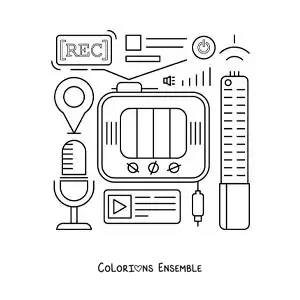 Coloriage d'un téléviseur, d'un microphone et de symboles des nouvelles technologies