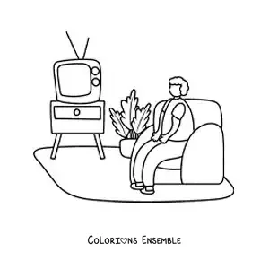 Coloriage d'une personne qui regarde la télévision sur le canapé