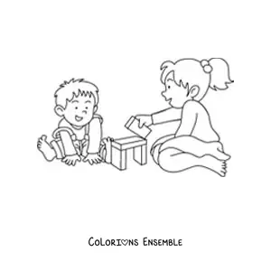 Image à colorier d'une petite fille assise jouant avec son petit frère