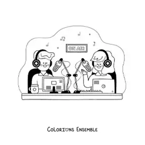 Coloriage d'une fille et d'un garçon qui enregistrent un podcast
