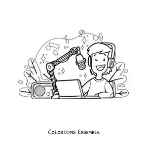 Coloriage d'un jeune garçon qui enregistre une émission de radio