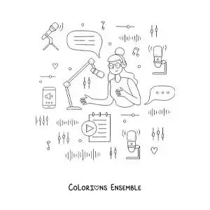 Coloriage d'une fille qui enregistre une émission de radio diffusée dans le monde entier