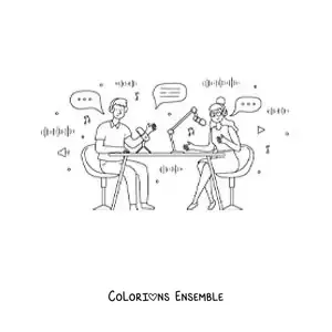 Coloriage d'un homme et d'une femme qui enregistrent un podcast