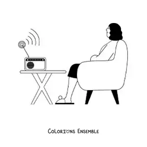 Coloriage d'une femme assise qui écoute les informations à la radio