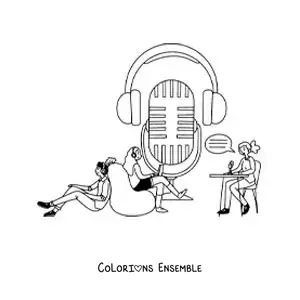 Coloriage d'un microphone de radio, avec une fille qui enregistre une émission et deux garçons assis qui l'écoutent