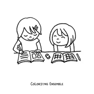 Image à colorier de deux petites filles faisant leurs devoirs scolaires