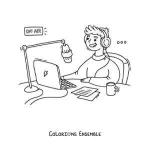 Coloriage d'un jeune homme en direct qui enregistre un podcast