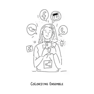 Coloriage d'une fille qui regarde les réseaux sociaux sur son téléphone