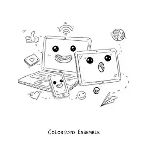 Coloriage d'un ordinateur portable, d'un téléphone et d'une tablette kawaii connectés à internet