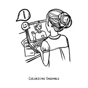 Coloriage d'une petite fille en visioconférence depuis son ordinateur portable