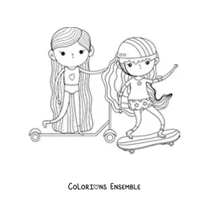 Image à colorier de deux petites filles en patins faisant de l'exercice