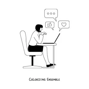 Coloriage d'une femme connectée aux réseaux sociaux sur son ordinateur portable