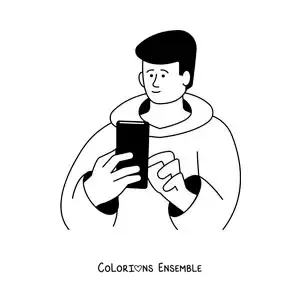 Coloriage d'un petit garçon connecté aux réseaux sociaux sur son portable