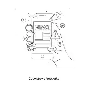 Coloriage d'une main qui tient un téléphone affichant des nouvelles à l'écran