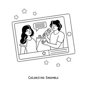 Coloriage d'une interview journalistique sur l'écran d'une tablette