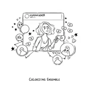 Coloriage d'une influenceuse animée sur un réseau social