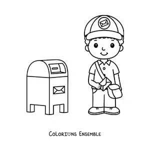 Coloriage d'un facteur animé à côté de la boîte aux lettres