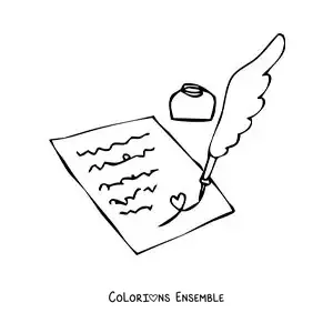 Coloriage d'une plume qui écrit une lettre à l'encre