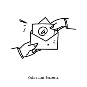 Coloriage de deux mains qui ouvrent une lettre marquée du symbole arobase