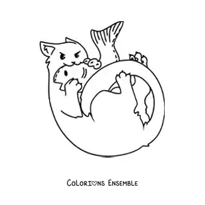 Image à colorier d’un chat mangeant un poisson