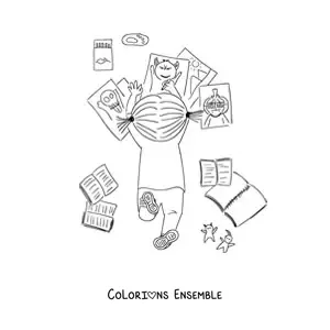 Image à colorier d'une petite fille vue d'en haut en train de colorier par terre