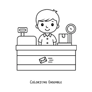 Coloriage d'un petit garçon animé dans un bureau de poste