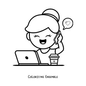 Coloriage d'une fille qui parle au téléphone tout en télétravaillant