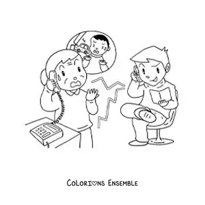 Coloriage d'une grand-mère inquiète, victime d'une arnaque par appel téléphonique