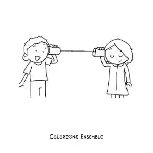 Coloriage de deux enfants qui parlent avec un téléphone à gobelets