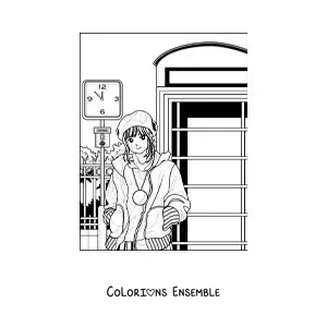 Coloriage d'une fille de style anime aesthetic à côté d'une cabine téléphonique