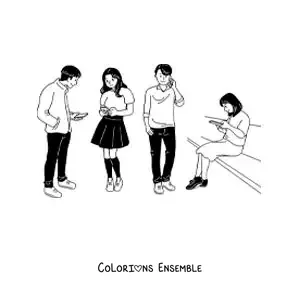Image à colorier d'un groupe d'adolescents qui parlent et envoient des messages au téléphone