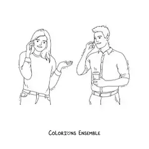 Image à colorier d'un homme et d'une femme qui parlent au téléphone
