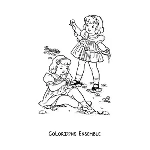 Image à colorier de deux petites filles cueillant des fleurs