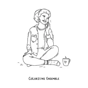 Image à colorier d'une fille assise qui parle au cours d'un appel téléphonique