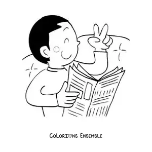 Image à colorier d'un petit garçon animé qui lit le journal