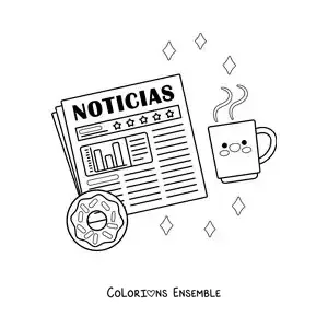 Image à colorier d'un journal avec un donut et un café animés façon kawaii