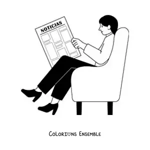Image à colorier d'une fille assise sur le canapé qui lit les nouvelles dans le journal