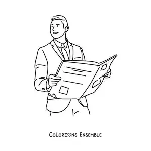 Image à colorier d'un homme en costume qui lit les nouvelles dans le journal