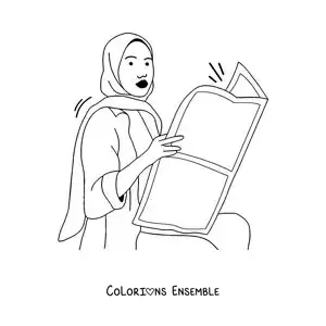Image à colorier d'une femme portant un hijab, assise, qui lit le journal