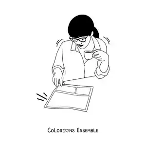 Image à colorier d'une femme assise qui lit le journal en buvant un café