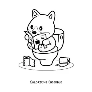 Image à colorier d'un chien animé assis sur les toilettes qui lit le journal