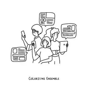 Image à colorier d'un groupe de jeunes qui lisent les nouvelles sur internet